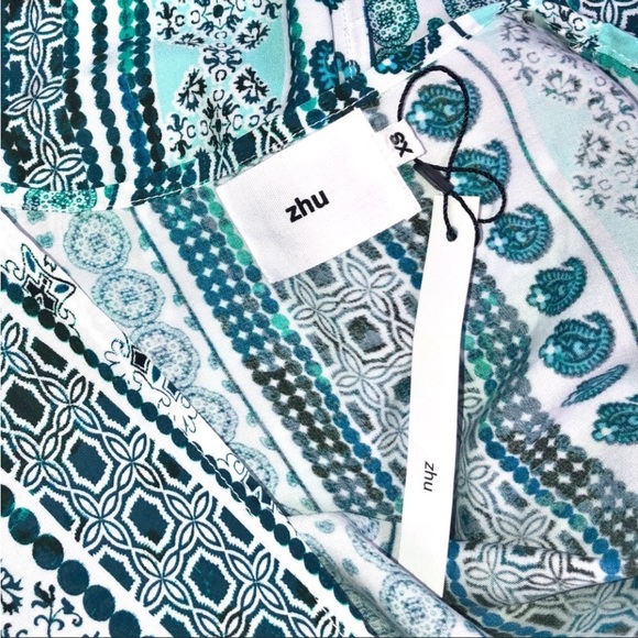 Zhu Ulma Minty Green Geo Paisley Print Crop Top Pant Set SzXS Wide Leg Side Wrap - Picture 15 of 16